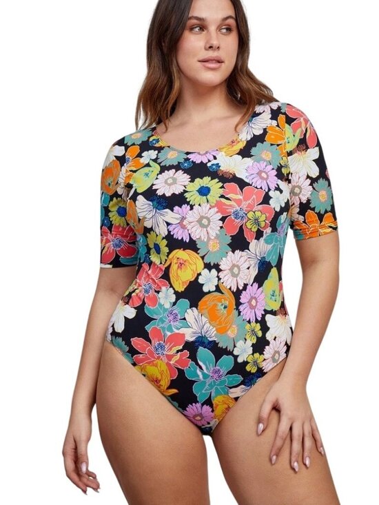 Gottex Other - Gottex Modest One-Piece Swimsuit XXL Short Sleeves Round Neck Vibrant Floral NWT